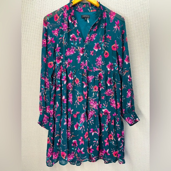1.State Floral Tiered Mini Dress Small Boho Long Sleeve Flowy Black Pink Ruffled - Picture 1 of 9